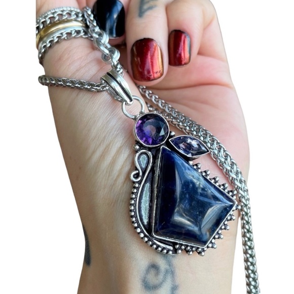 925 Sterling silver overlay amethyst & dark blue sodalite gem boho necklace - Picture 2 of 9